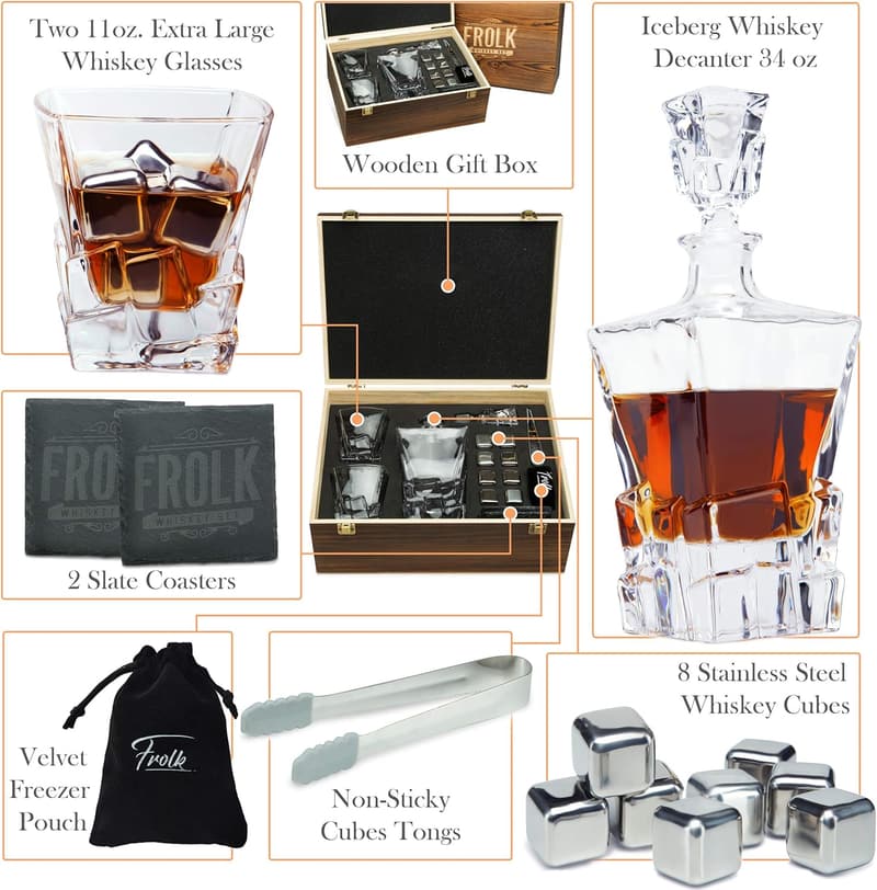Whiskey Decanter Gift Set for Men with Glasses & Steel Cubes