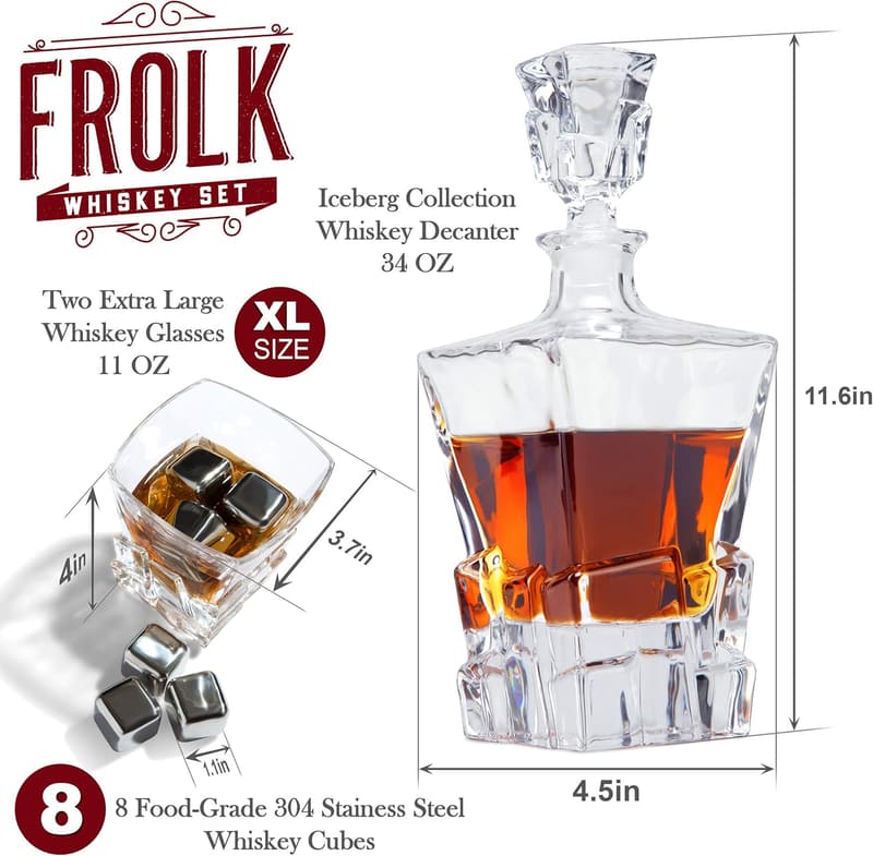 Whiskey Decanter Gift Set for Men with Glasses & Steel Cubes