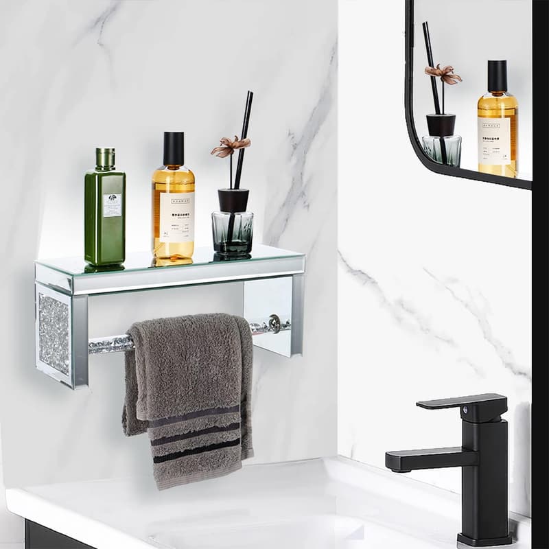 Wall-Mounted Glass Shelf with Crystal Towel Bar for Bathroom