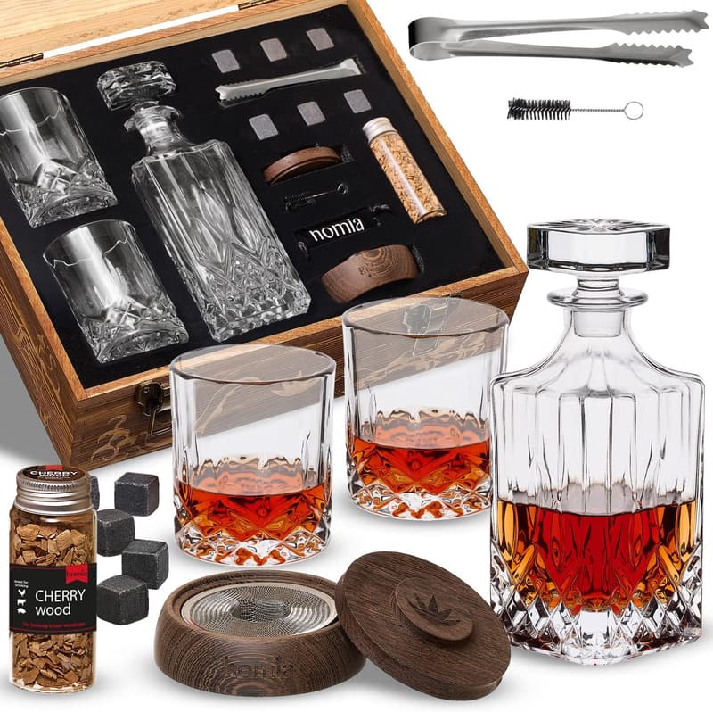 Whiskey Gift Set for Men - 14 pcs with Decanter, Smoker & Glasses