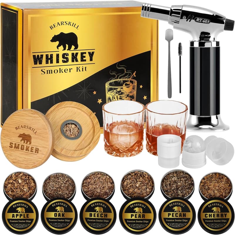 Whiskey Smoker Kit with 6 Wood Chip Flavors & Glasses