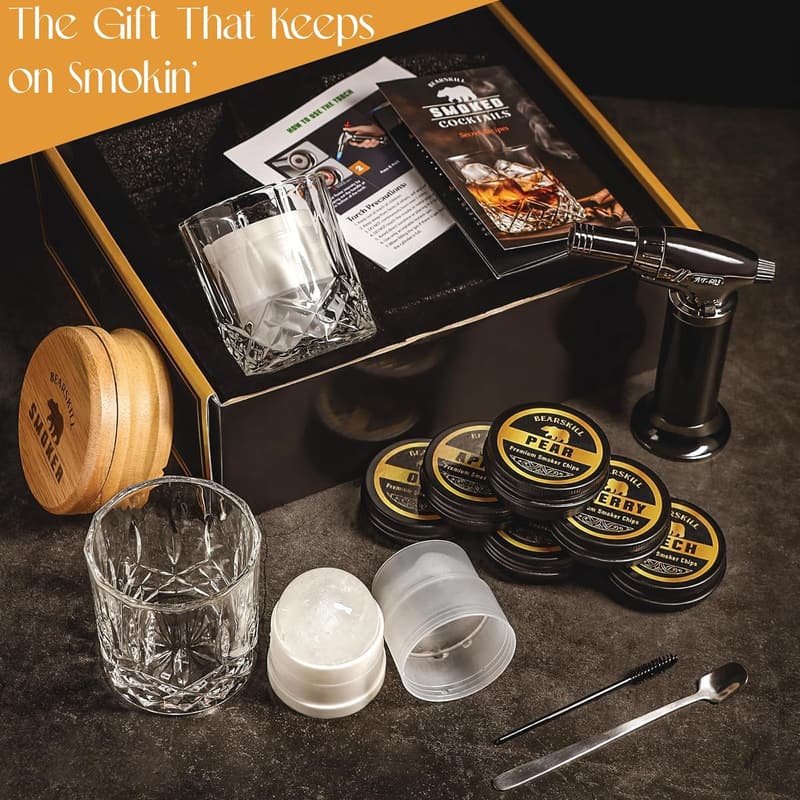 Whiskey Smoker Kit with 6 Wood Chip Flavors & Glasses