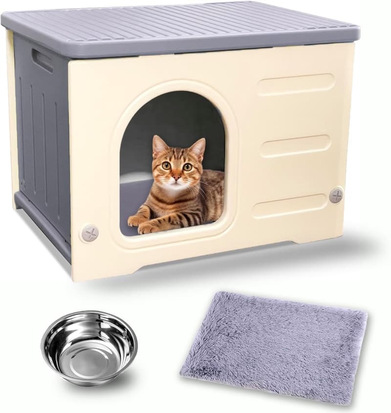 Stackable Insulated Cat House with Cushion & Bowl - Gray