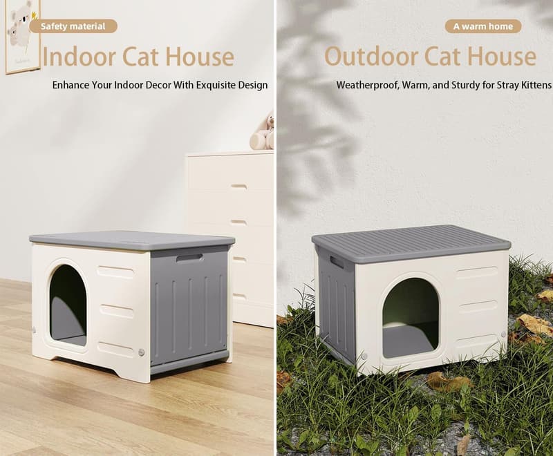 Stackable Insulated Cat House with Cushion & Bowl - Gray