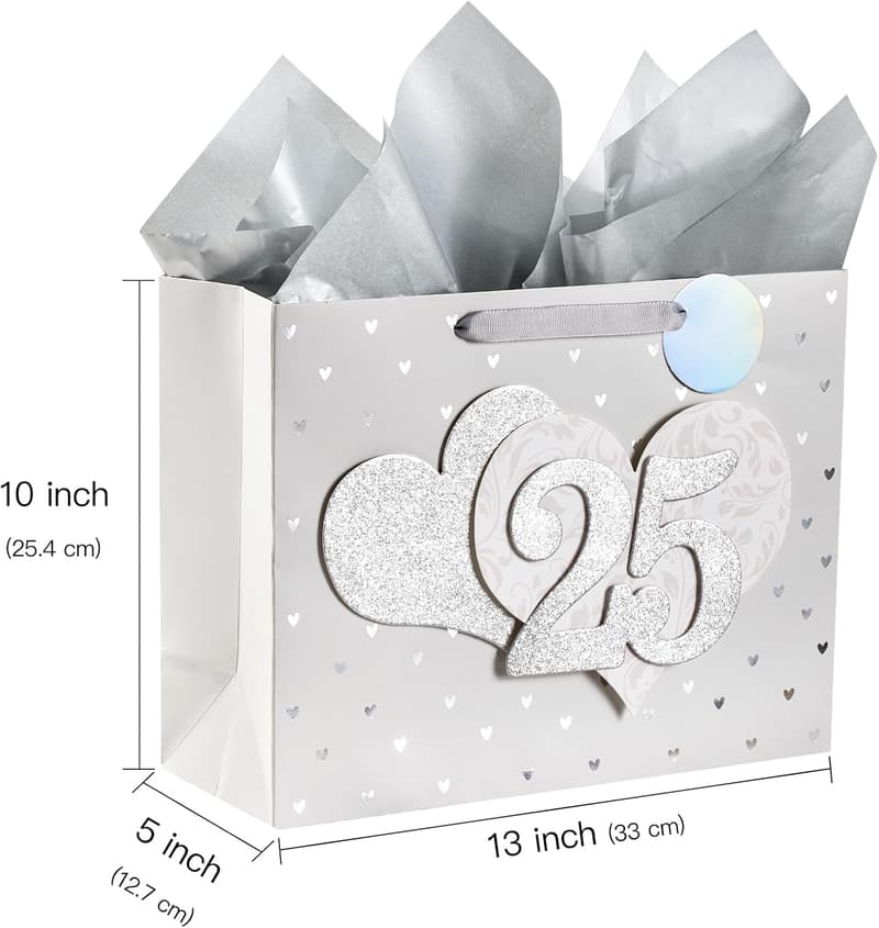13th Anniversary Silver Gift Bag with Tissue and Tag