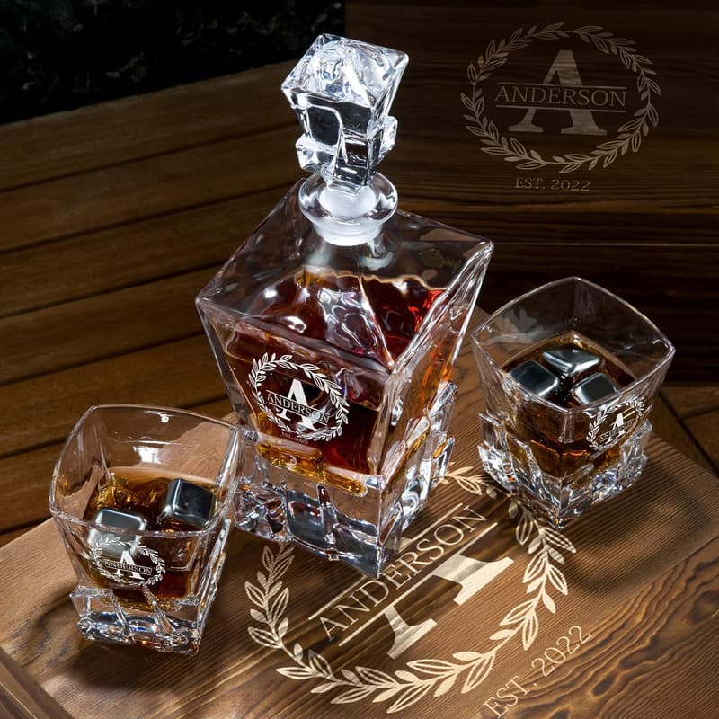 Personalized Whiskey Decanter Set for Dad - Engraved Glass & Stones