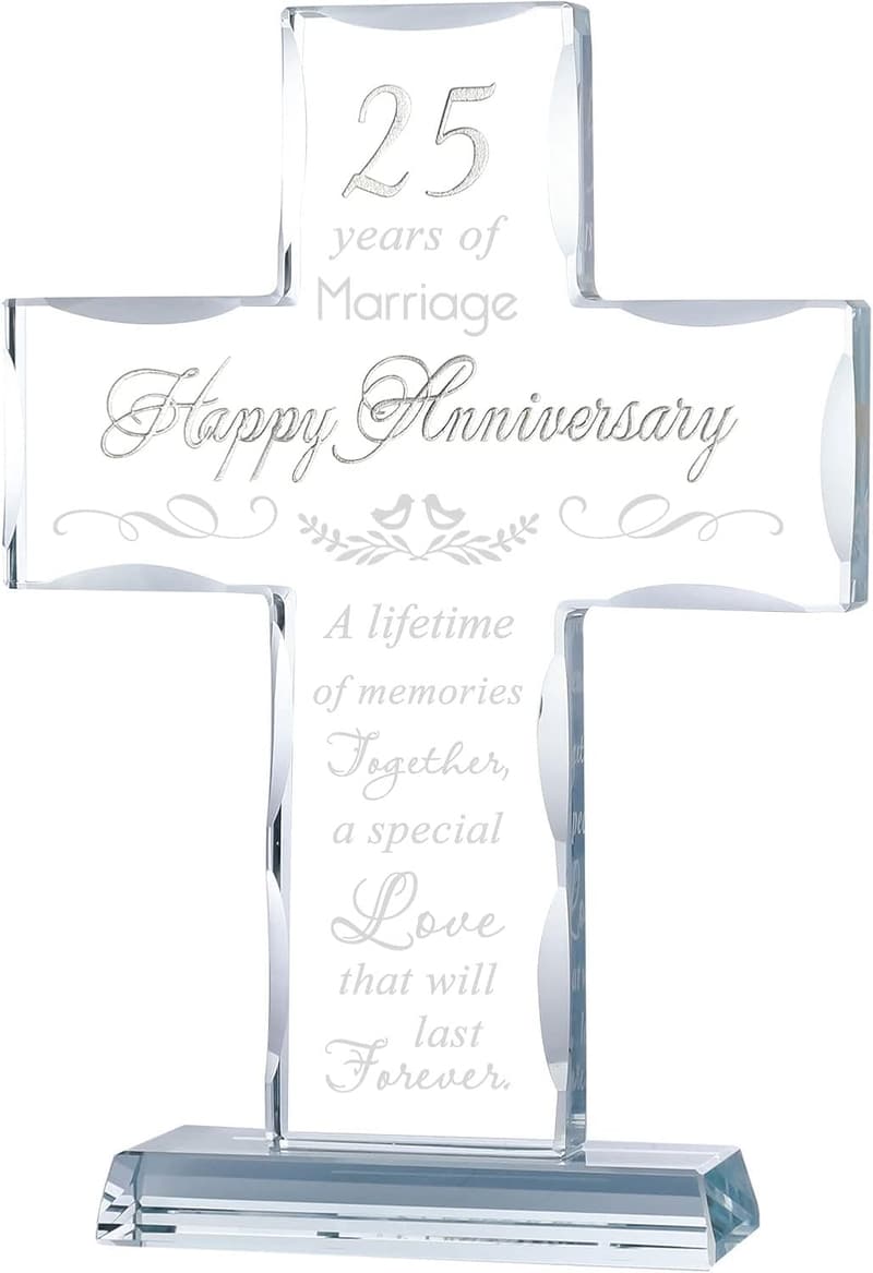 25th Anniversary Laser Engraved Glass Cross Gift for Couples