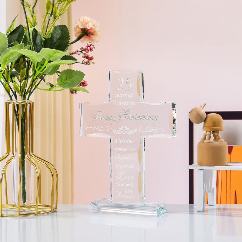 25th Anniversary Laser Engraved Glass Cross Gift for Couples
