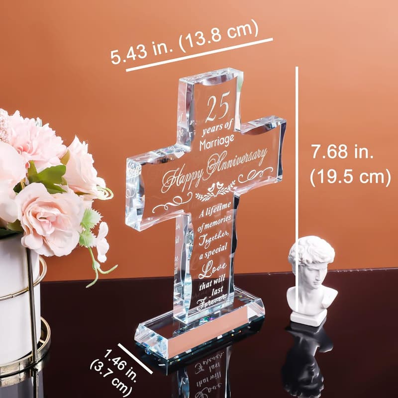 25th Anniversary Laser Engraved Glass Cross Gift for Couples