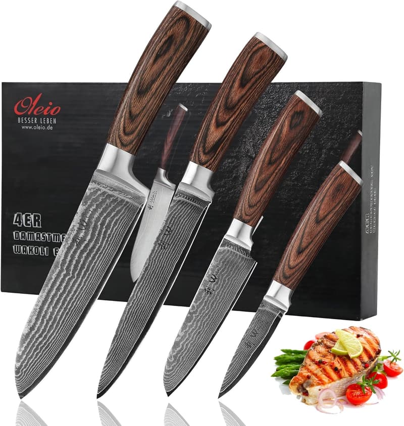 Professional Chef Knife Set - 4-Piece Damascus Steel with Pakkawood Handles