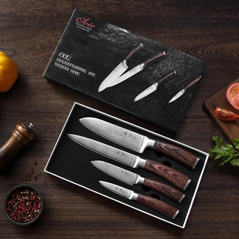 Professional Chef Knife Set - 4-Piece Damascus Steel with Pakkawood Handles