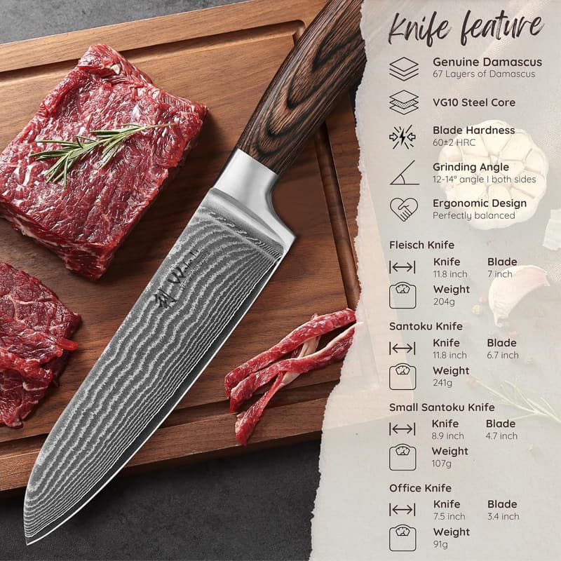 Professional Chef Knife Set - 4-Piece Damascus Steel with Pakkawood Handles