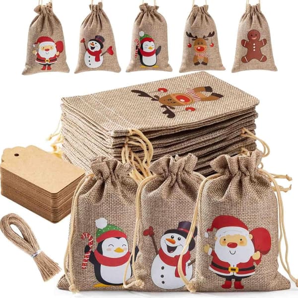 25 Pcs Christmas Burlap Gift Bags with Drawstring - 4x6 Inch
