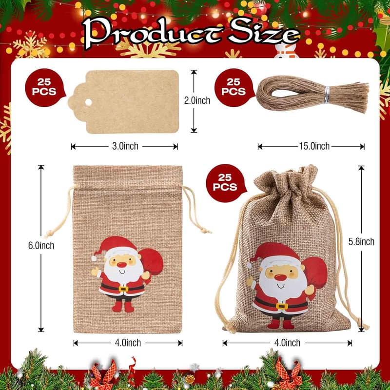 25 Pcs Christmas Burlap Gift Bags with Drawstring - 4x6 Inch