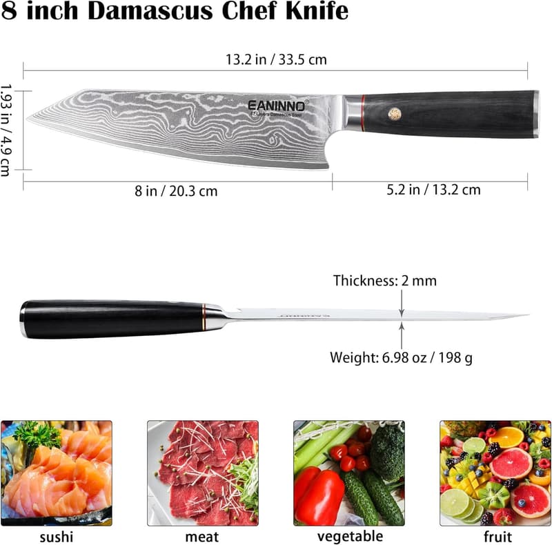 Professional 8-Inch Damascus Chef Knife with Maple Handle