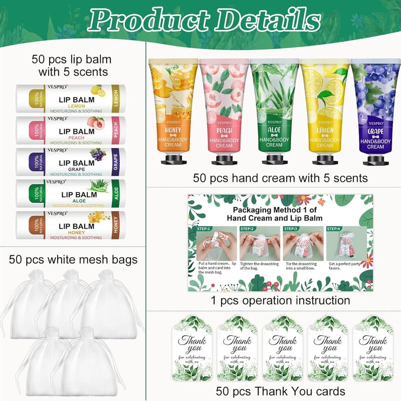 Bridal Shower Favors: 50 Hand Cream & Lip Balm Gift Sets