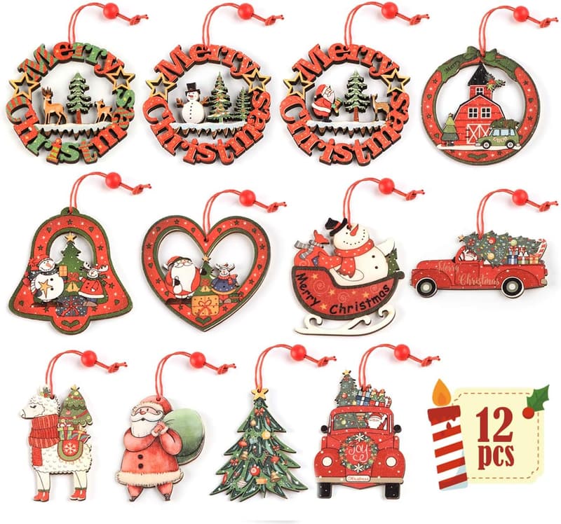 12Pcs Santa & Snowman Wooden Christmas Tree Ornaments