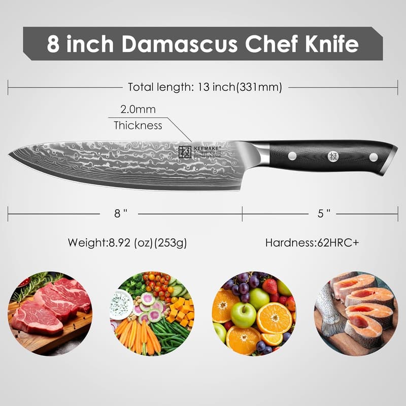 8-Inch Damascus Chef Knife with VG10 Core and G10 Handle