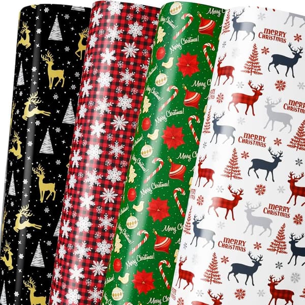 Christmas Gift Wrapping Paper Set - 12 pcs with Reindeer & Trees