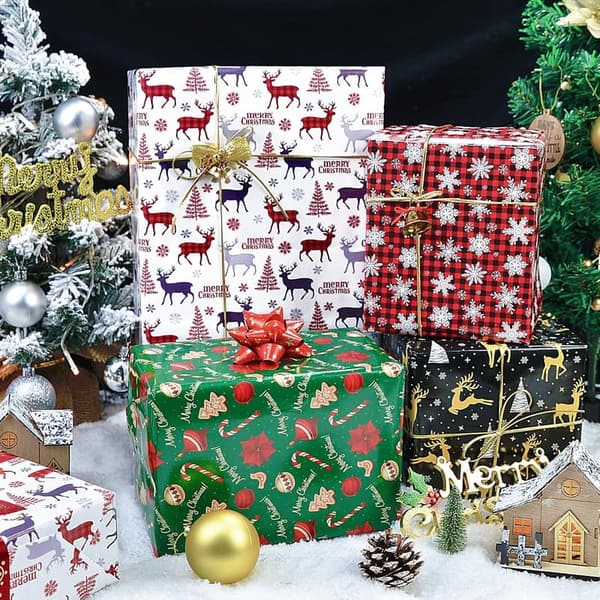 Christmas Gift Wrapping Paper Set - 12 pcs with Reindeer & Trees