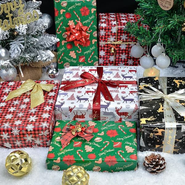 Christmas Gift Wrapping Paper Set - 12 pcs with Reindeer & Trees