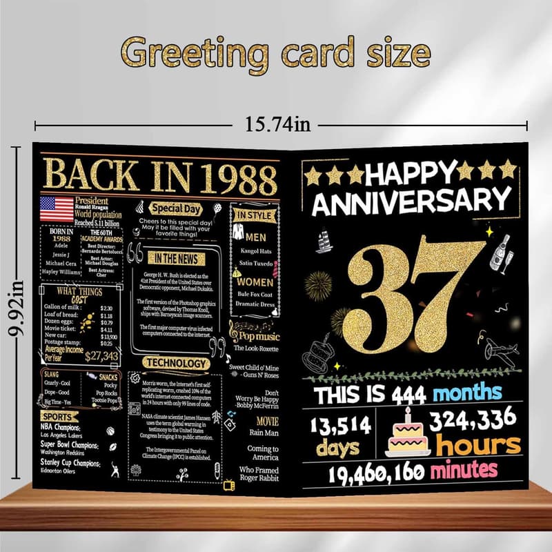 37th Anniversary Card, Gold Wedding Card for Couples