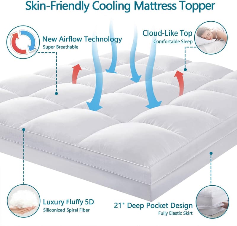 Cooling Pillow Top Mattress Topper for Back Pain Relief