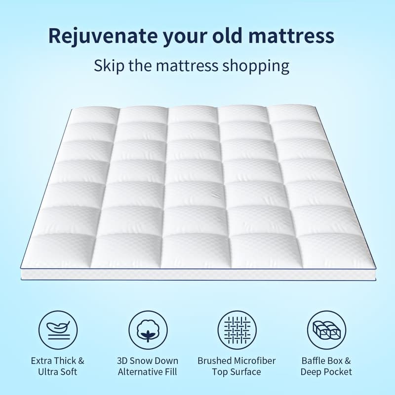 Plush Queen Mattress Topper with Cooling Snow Down Fill