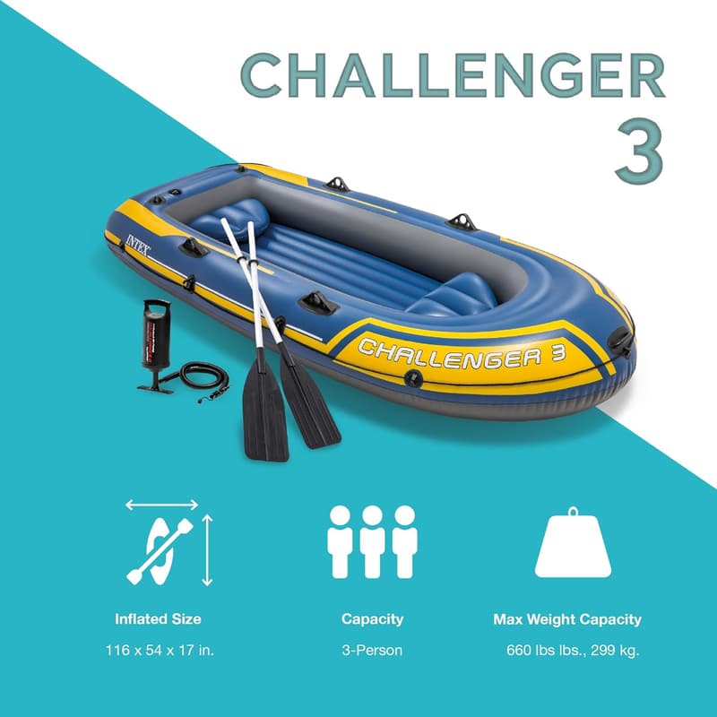 Intex Challenger 3 Inflatable Boat Set with Oars & Pump