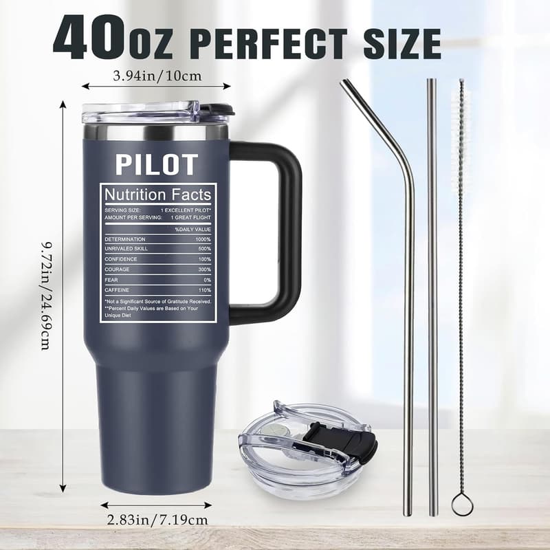 Pilot Coffee Tumbler 40 Oz with Handle - Gift for Him