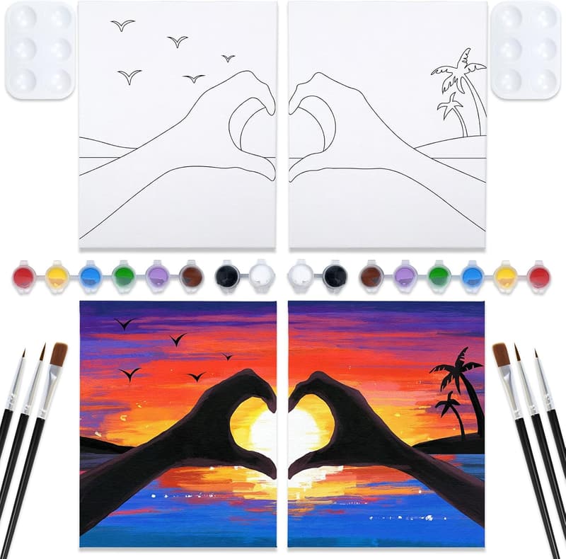 Couples Date Night Sip and Paint Kit - Pre-Drawn Canvas Set