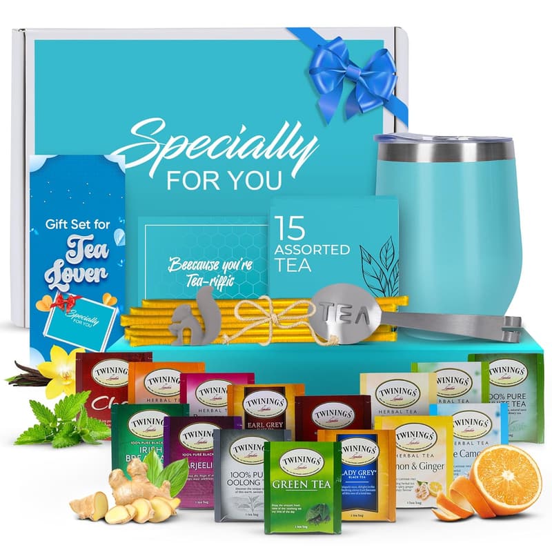 Tea Gift Basket for Women – 15 Unique Blends, Tumbler & Honey Sticks