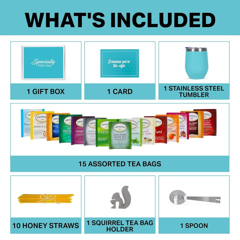 Tea Gift Basket for Women – 15 Unique Blends, Tumbler & Honey Sticks