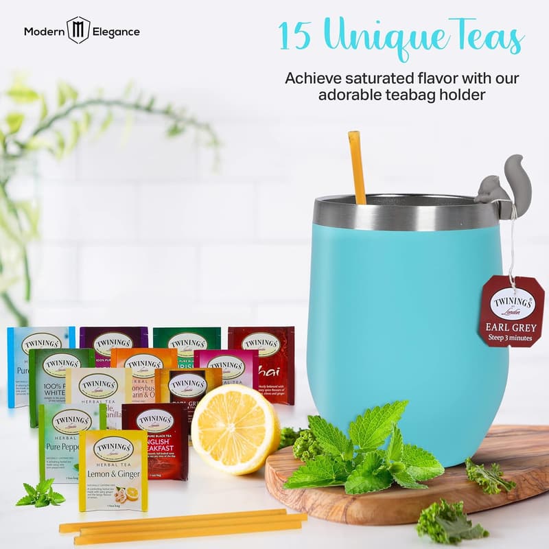 Tea Gift Basket for Women – 15 Unique Blends, Tumbler & Honey Sticks