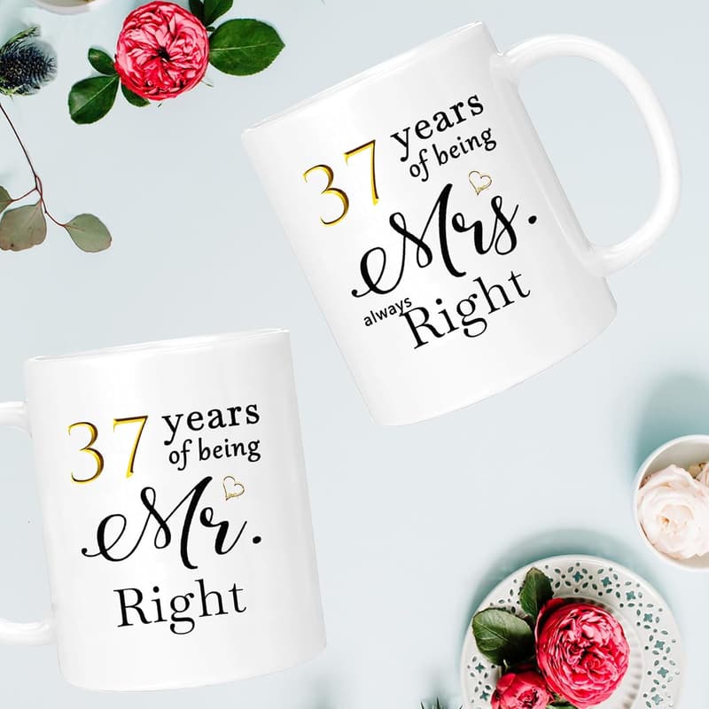 37th Anniversary Coffee Mugs Set for Couples, 11oz Gift Boxed