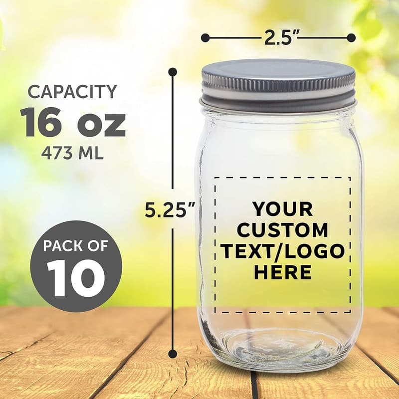 Personalized 16 oz Glass Mason Jars Set of 10 for Gifts