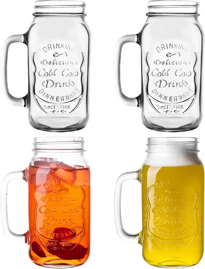 24 Oz Mason Jar Drinking Glasses with Handle - 4 Pack