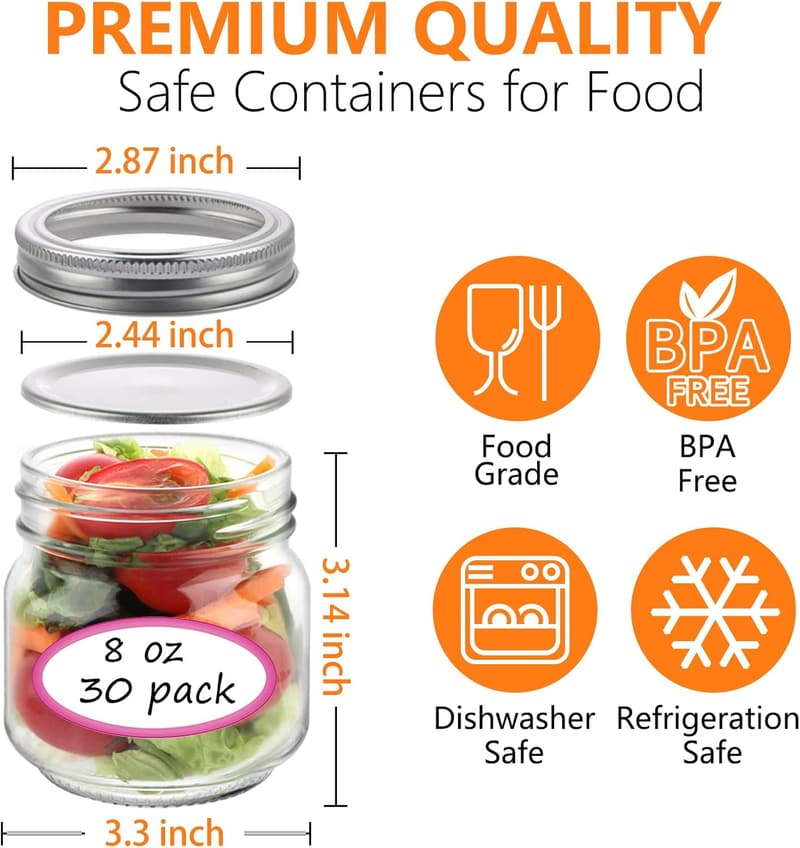 30 Pack 8 oz Mason Jars with Lids for Canning and Crafts