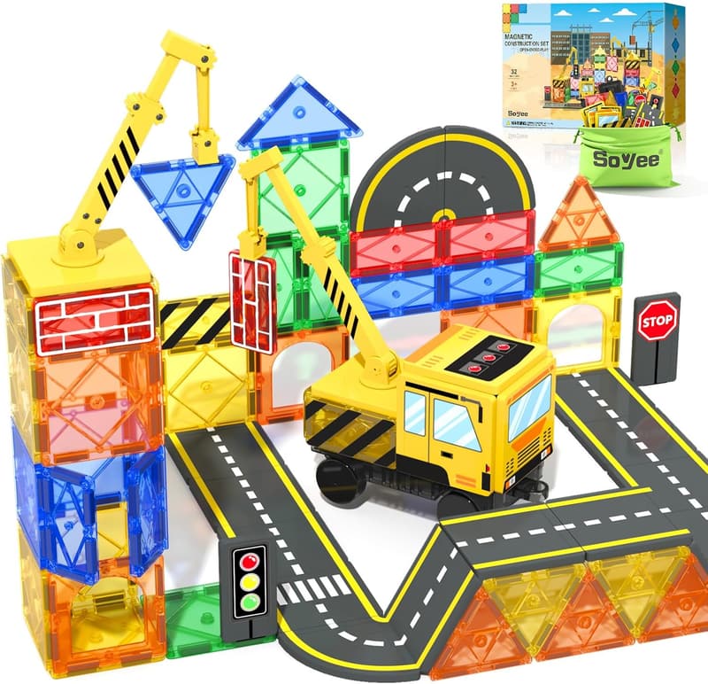 Magnetic Building Tiles with Crane - STEM Toys for Kids 3-8