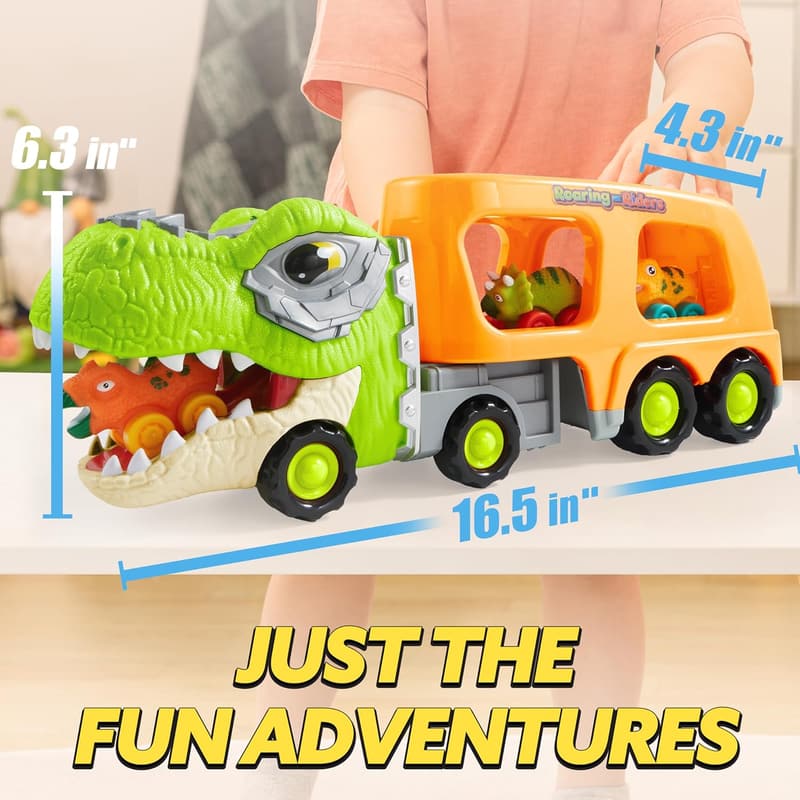 Dinosaur Car Carrier Truck Toy with 6 Vehicles for Toddlers