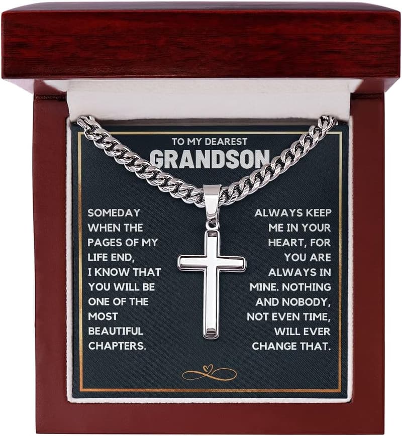 Grandson's Cross Necklace with Message Card | Premium Stainless Steel