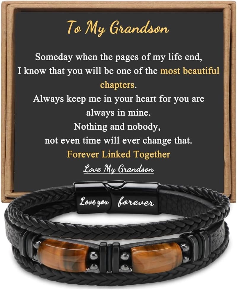 Father's Day Leather Bracelet for Men with Tiger Eye Stone