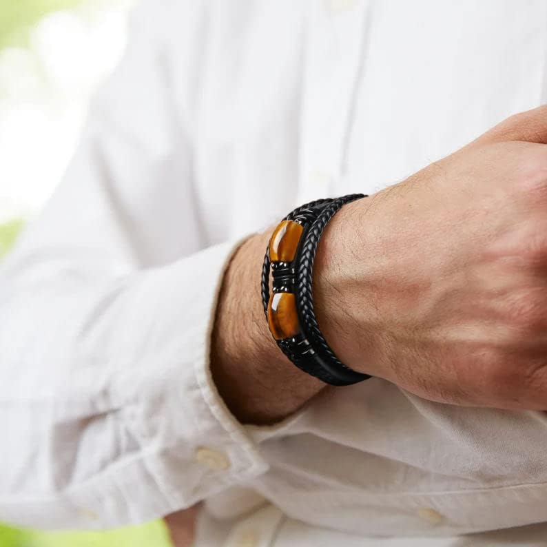 Father's Day Leather Bracelet for Men with Tiger Eye Stone
