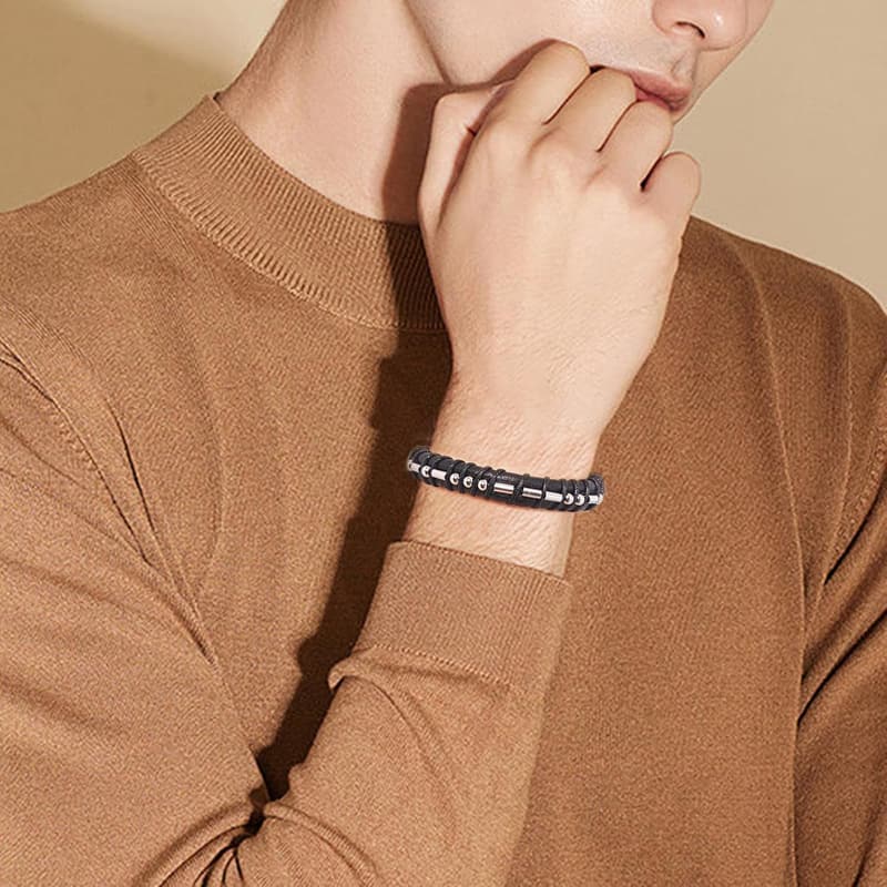 Morse Code Bracelet for Men's Sobriety - Black Leather Gift