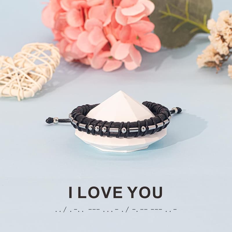 Morse Code Bracelet for Men's Sobriety - Black Leather Gift