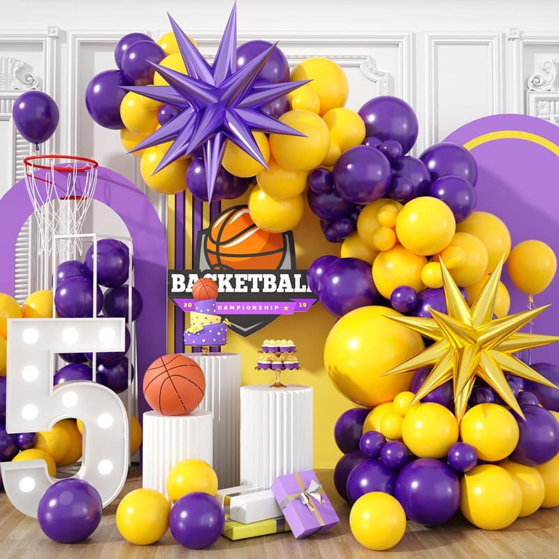 Basketball Party Balloon Arch Kit with Gold & Purple Stars