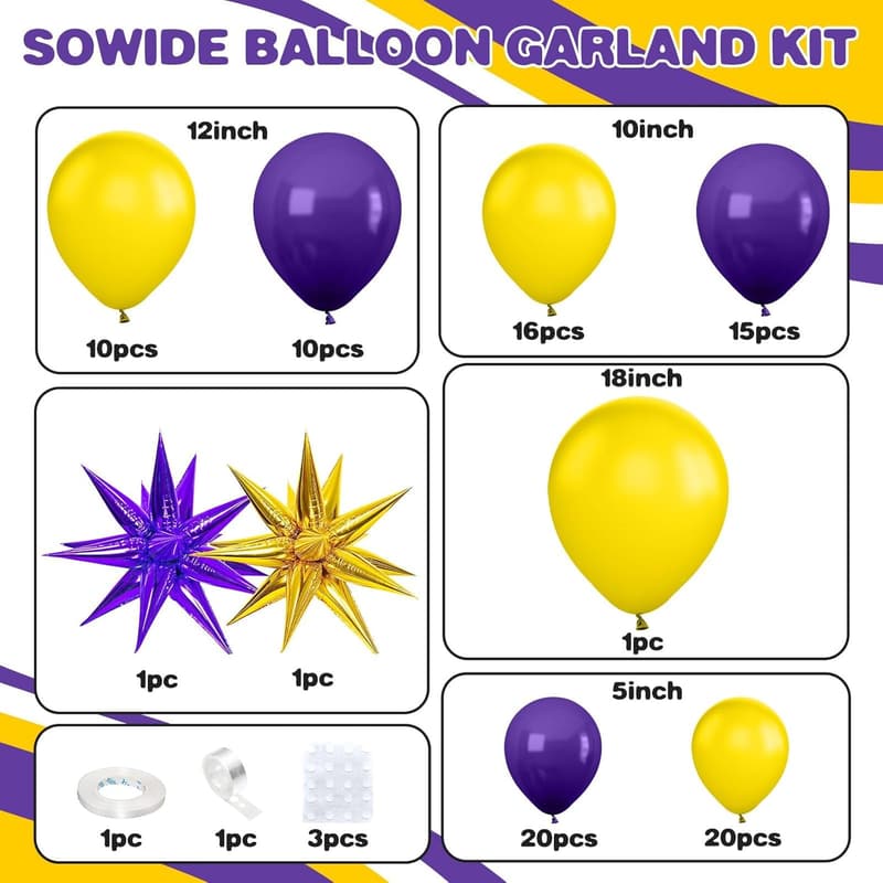 Basketball Party Balloon Arch Kit with Gold & Purple Stars