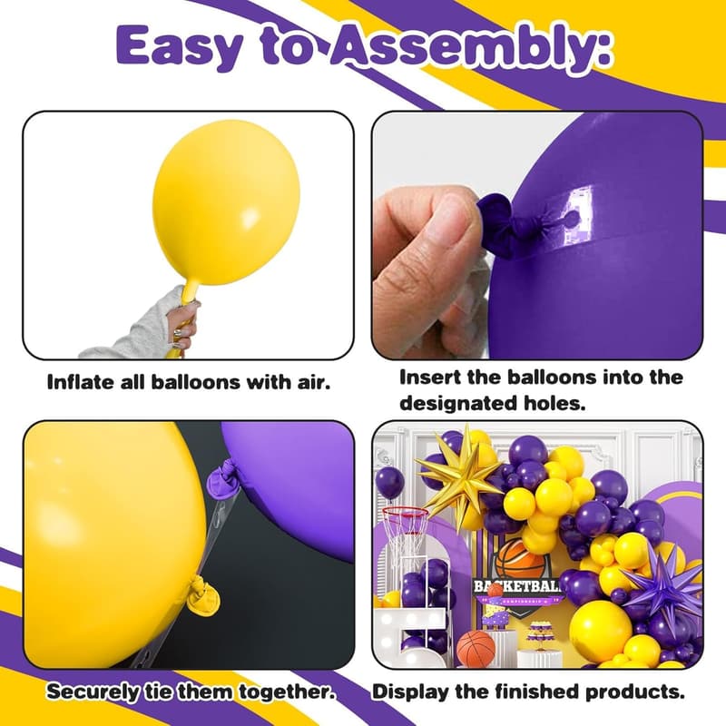 Basketball Party Balloon Arch Kit with Gold & Purple Stars