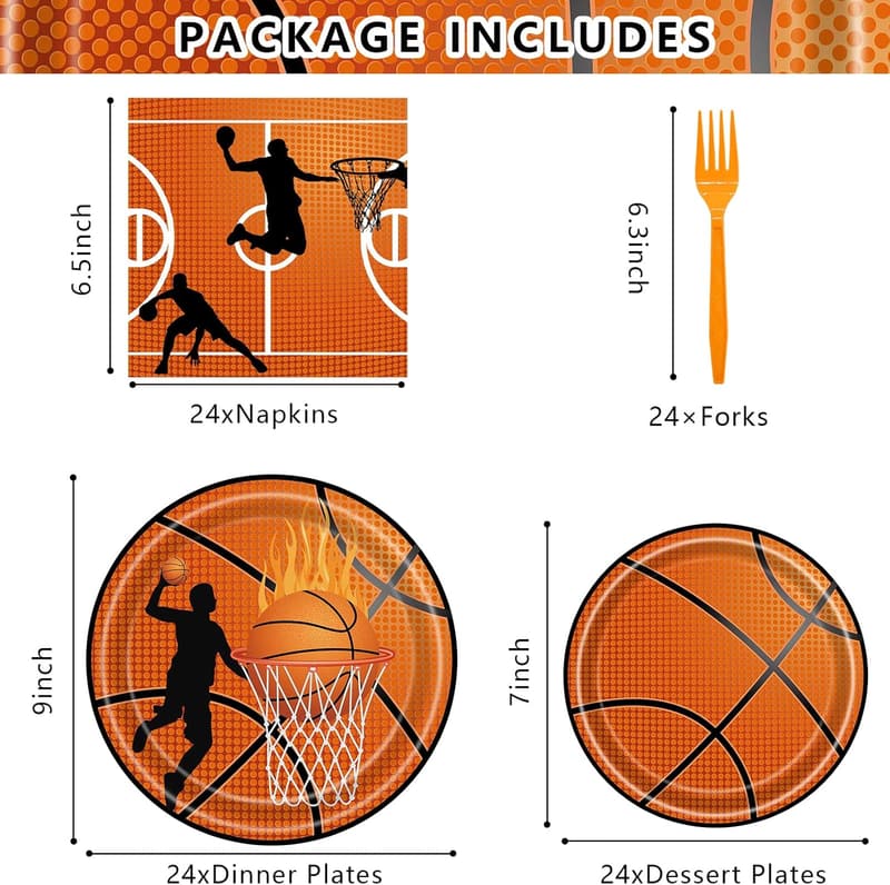 Basketball Birthday Party Supplies - Dinnerware Set for 24