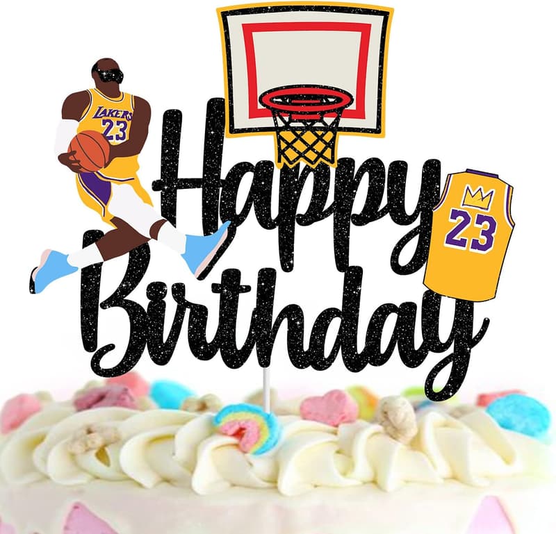 Basketball Birthday Cake Topper - Happy Birthday Black Glitter